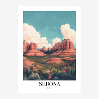 Affiche de voyage montrant le paysage désertique de Sedona avec ses falaises de grès rouge-ocre, une vallée verdoyante, des.
