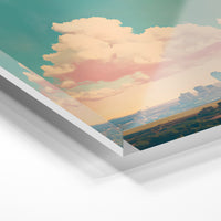 Gros plan de la matière : le tirage sous verre acrylique, tranche transparente visible.