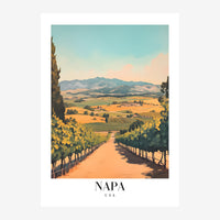 Affiche représentant une allée de vignes bordée de cyprès menant à des collines dorées et montagnes bleues sous un ciel.