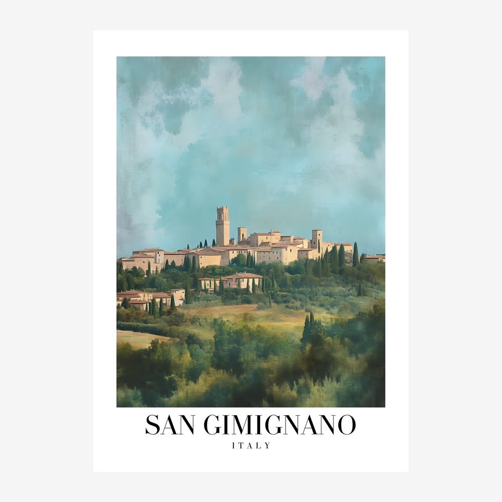 Affiche de voyage représentant la ville fortifiée de San Gimignano avec ses tours médiévales dominant un paysage de campagne.