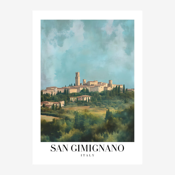 San Gimignano, affiche de voyage bleu et vert — Toile sur châssis