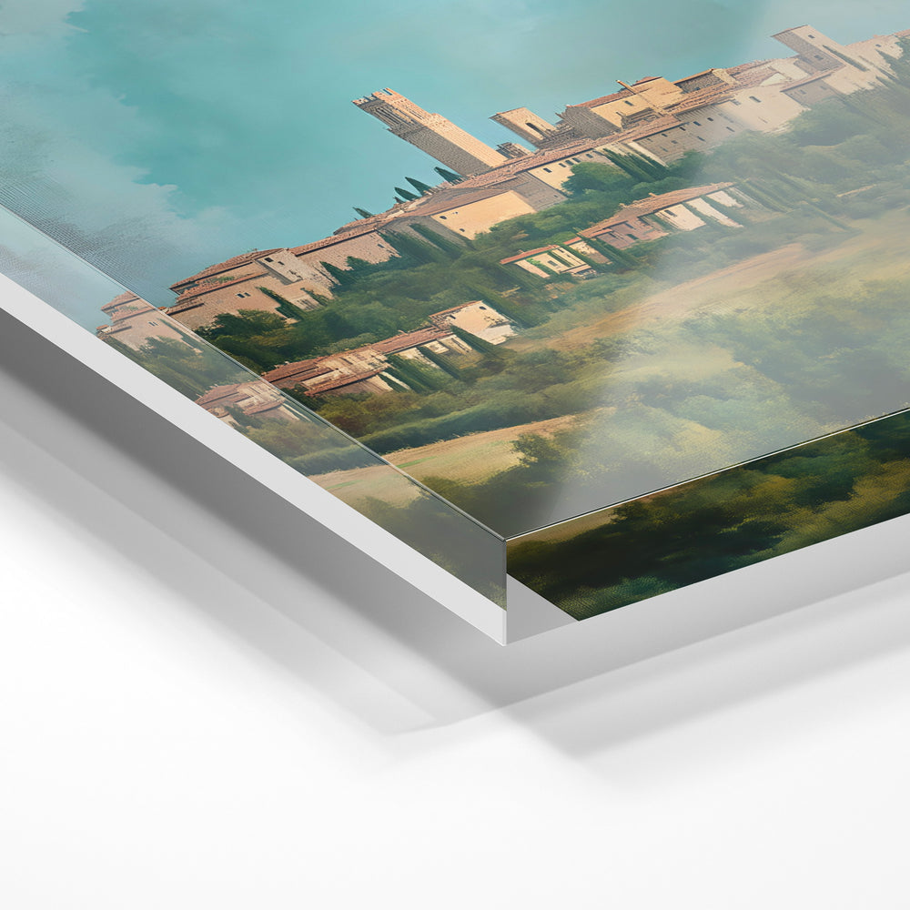 Gros plan de la matière : le tirage sous verre acrylique, tranche transparente visible.