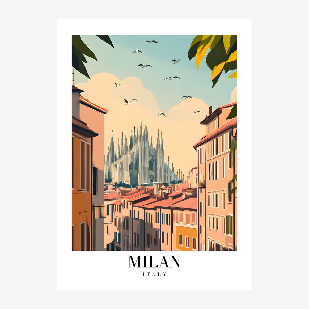 Affiche de voyage montrant une rue milanaise avec bâtiments terracotta encadrant une cathédrale gothique sous un ciel bleu.