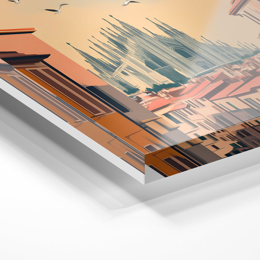 Gros plan de la matière : le tirage sous verre acrylique, tranche transparente visible.