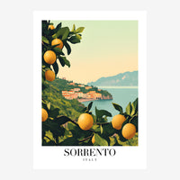 Affiche de voyage représentant Sorrento avec des citronniers dorés au premier plan encadrant une vue sur une baie côtière.