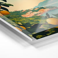 Gros plan de la matière : le tirage sous verre acrylique, tranche transparente visible.