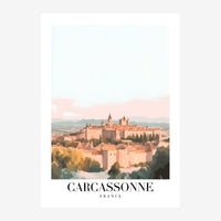 Affiche de voyage minimaliste montrant la forteresse et la ville de Carcassonne aux couleurs terracotta et blanc, avec le.