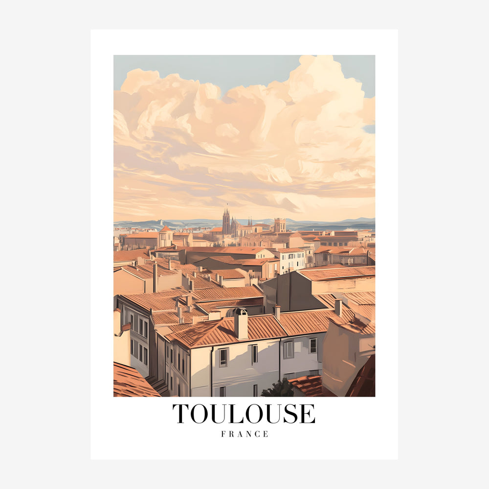 Vue panoramique d'une ville française avec rangées de toits terracotta au premier plan et silhouette urbaine à l'horizon.