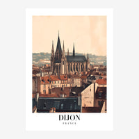 Affiche de voyage montrant la cathédrale gothique de Dijon dominant les toits rouges et beige de la ville, avec le texte «.