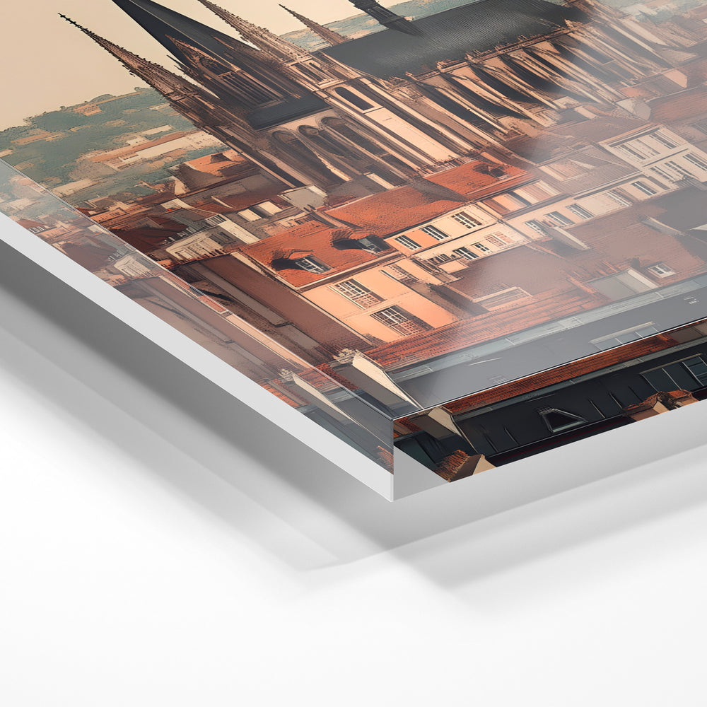 Gros plan de la matière : le tirage sous verre acrylique, tranche transparente visible.