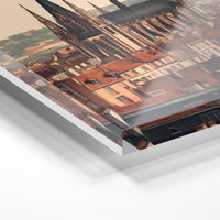 Gros plan de la matière : le tirage sous verre acrylique, tranche transparente visible.