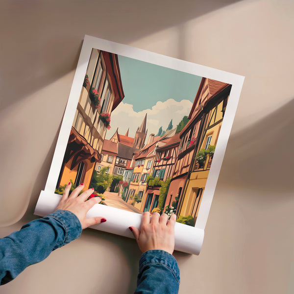 Rue médiévale à colombages, affiche voyage style vintage — Poster HP mat