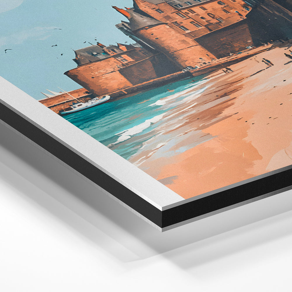 Gros plan de la matière : le tirage contrecollé sur aluminium Dibond mat, tranche visible.