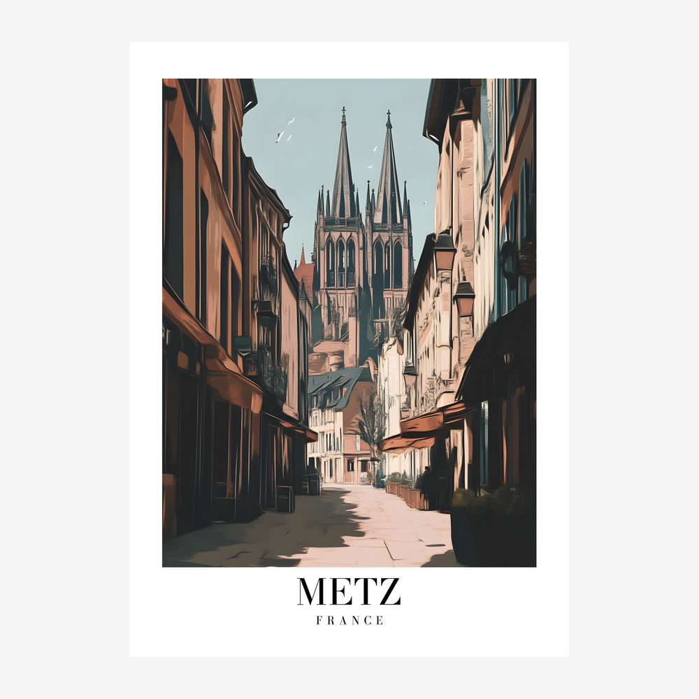 Affiche représentant une rue pavée bordée de bâtiments terracotta menant vers une cathédrale gothique aux deux tours.