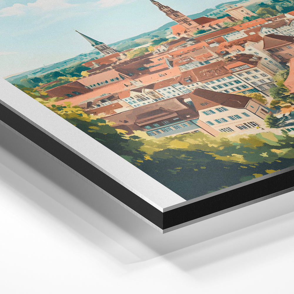 Gros plan de la matière : le tirage contrecollé sur aluminium Dibond mat, tranche visible.