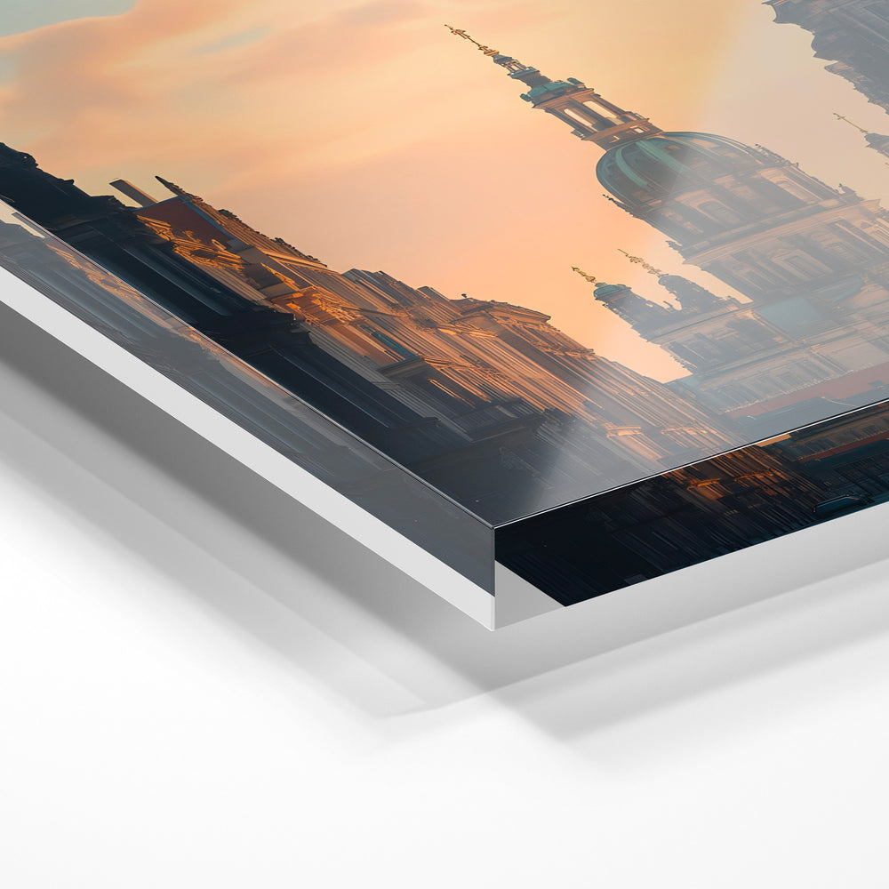 Gros plan de la matière : le tirage sous verre acrylique, tranche transparente visible.