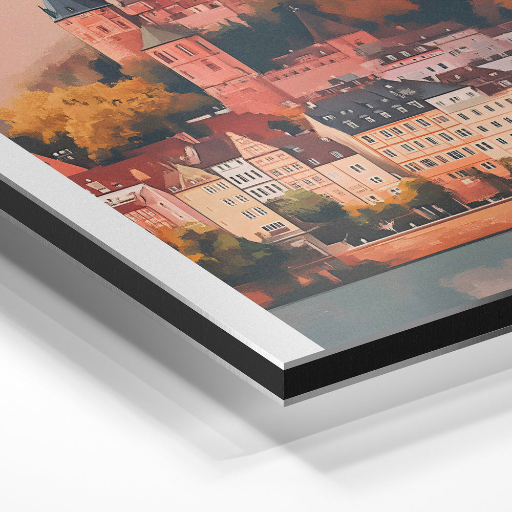 Gros plan de la matière : le tirage contrecollé sur aluminium Dibond mat, tranche visible.