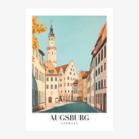 Illustration stylisée d'une rue d'Augsburg avec une église à clocher central, des bâtiments de couleurs pastel et un ciel.