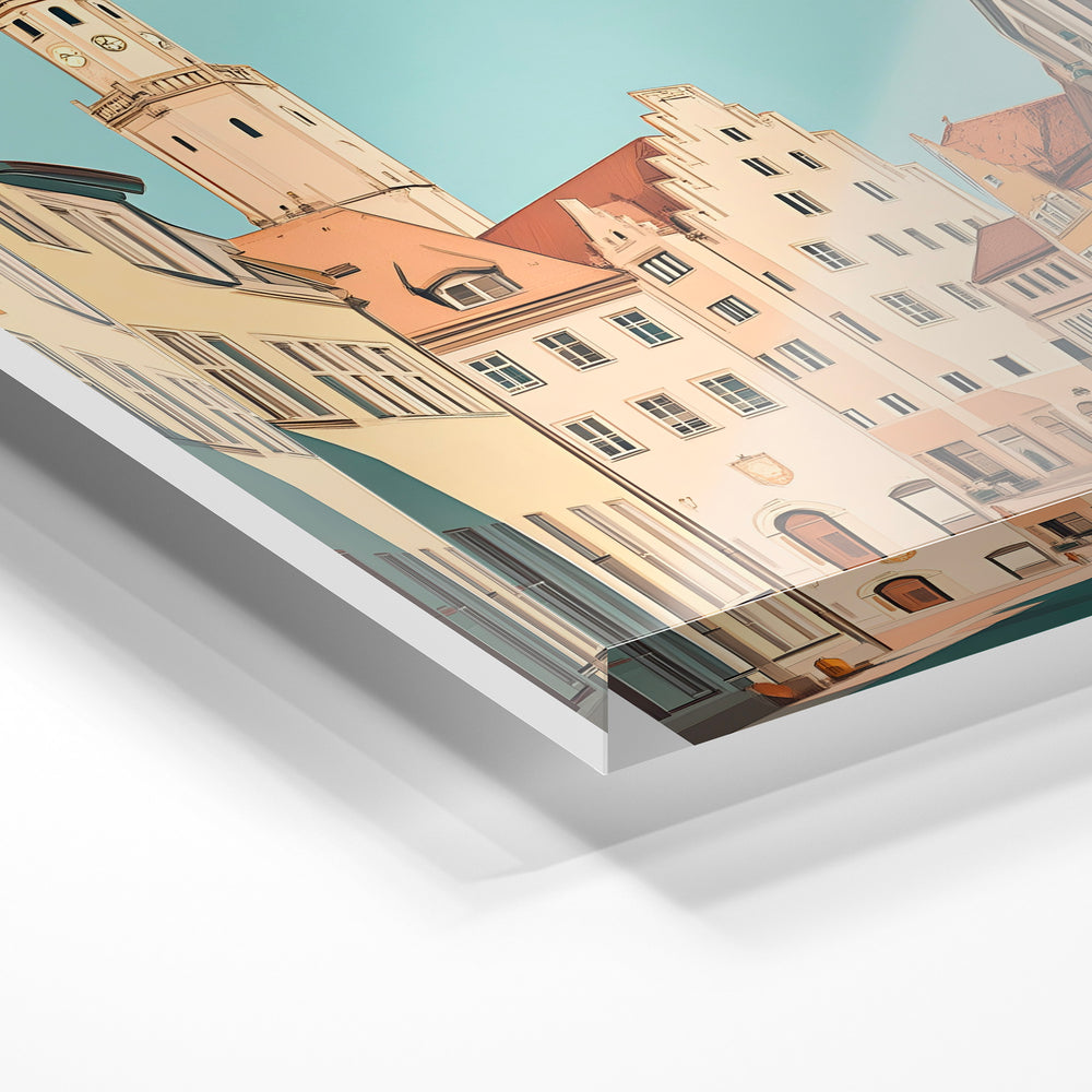 Gros plan de la matière : le tirage sous verre acrylique, tranche transparente visible.