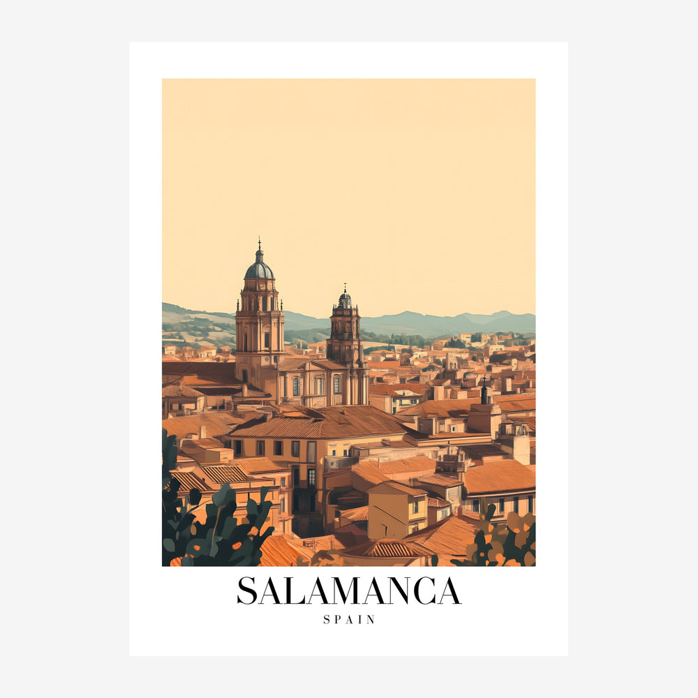 Affiche de voyage vintage représentant la ville de Salamanca en Espagne avec sa cathédrale aux deux dômes au centre, les.
