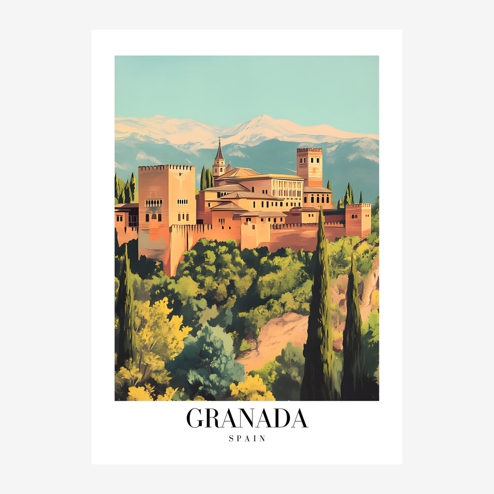 Affiche de voyage représentant le palais de l'Alhambra à Granada avec ses tours ocre, des cyprès verts au premier plan et.
