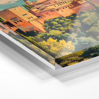 Gros plan de la matière : le tirage sous verre acrylique, tranche transparente visible.