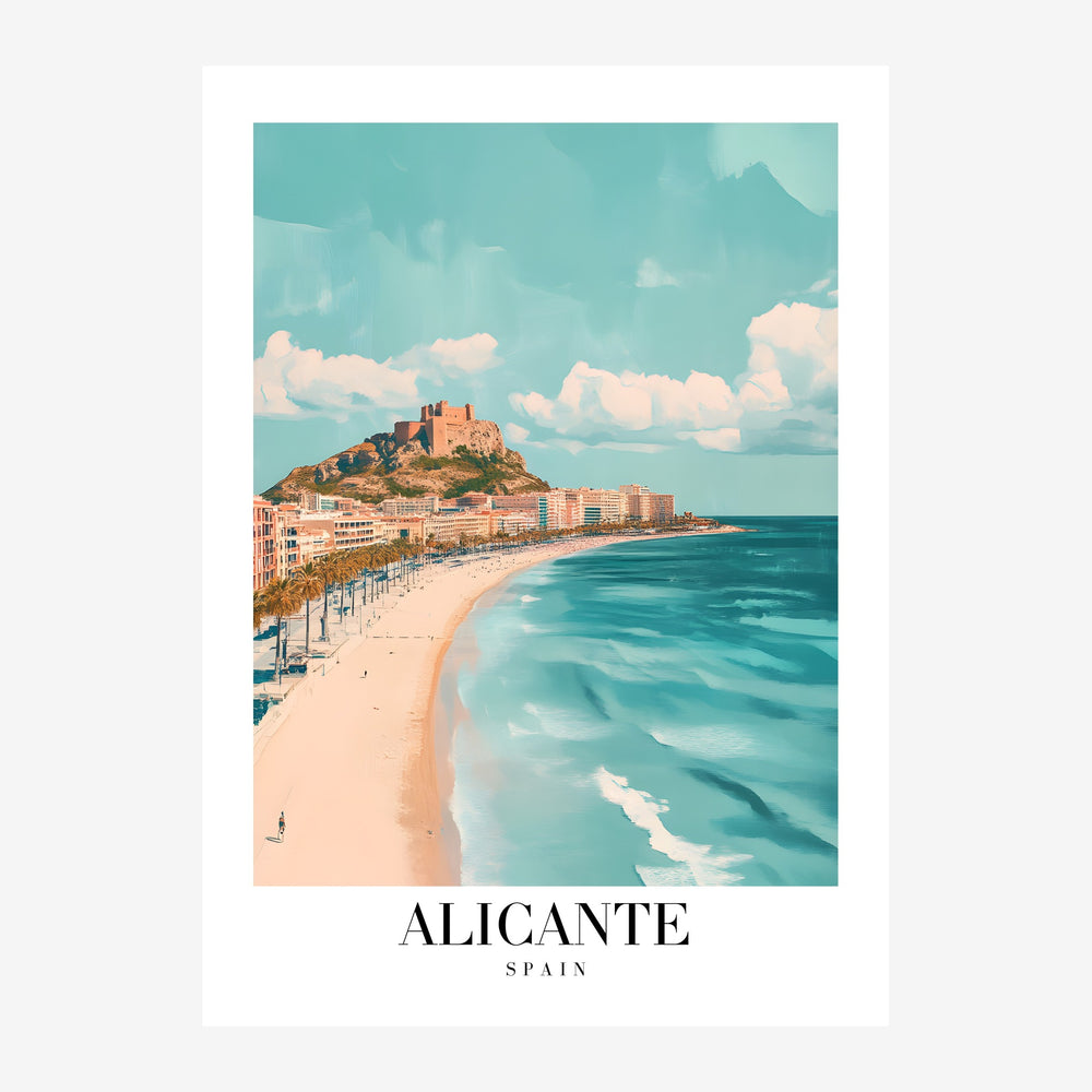 Affiche représentant Alicante avec une plage dorée, des eaux turquoise, un château sur la falaise et le front de mer urbain.