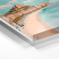 Gros plan de la matière : le tirage sous verre acrylique, tranche transparente visible.