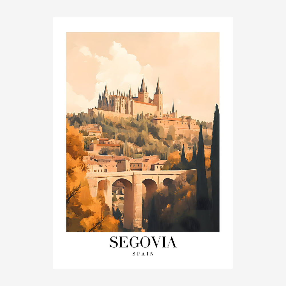 Affiche de voyage représentant le château de Segovia et son aqueduc romain, avec une typographie classique en bas de l'image.