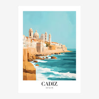 Affiche vintage montrant une ville côtière avec des bâtiments blanc et ocre, des dômes et tours, une côte rocheuse avec des.