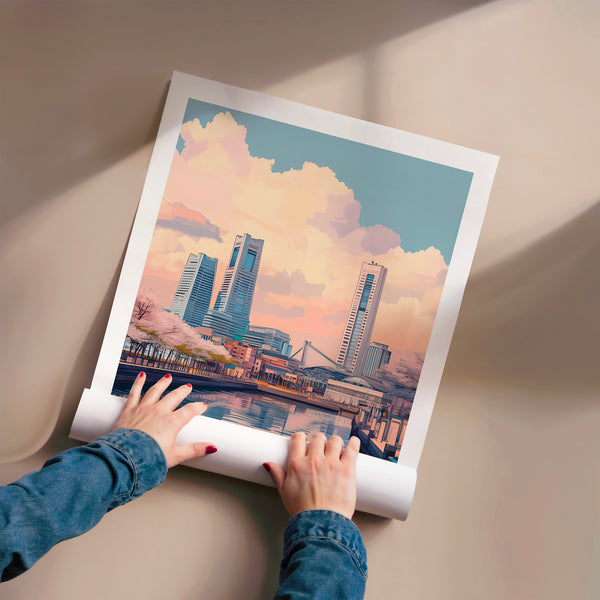 Yokohama au coucher de soleil, affiche de voyage — Poster HP mat