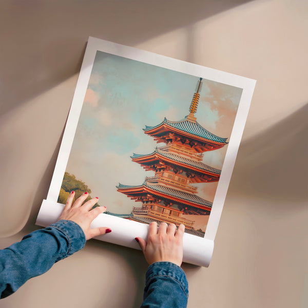 Pagode japonaise terracotta, bleu et vert — Poster HP mat