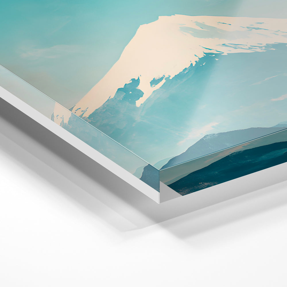 Gros plan de la matière : le tirage sous verre acrylique, tranche transparente visible.