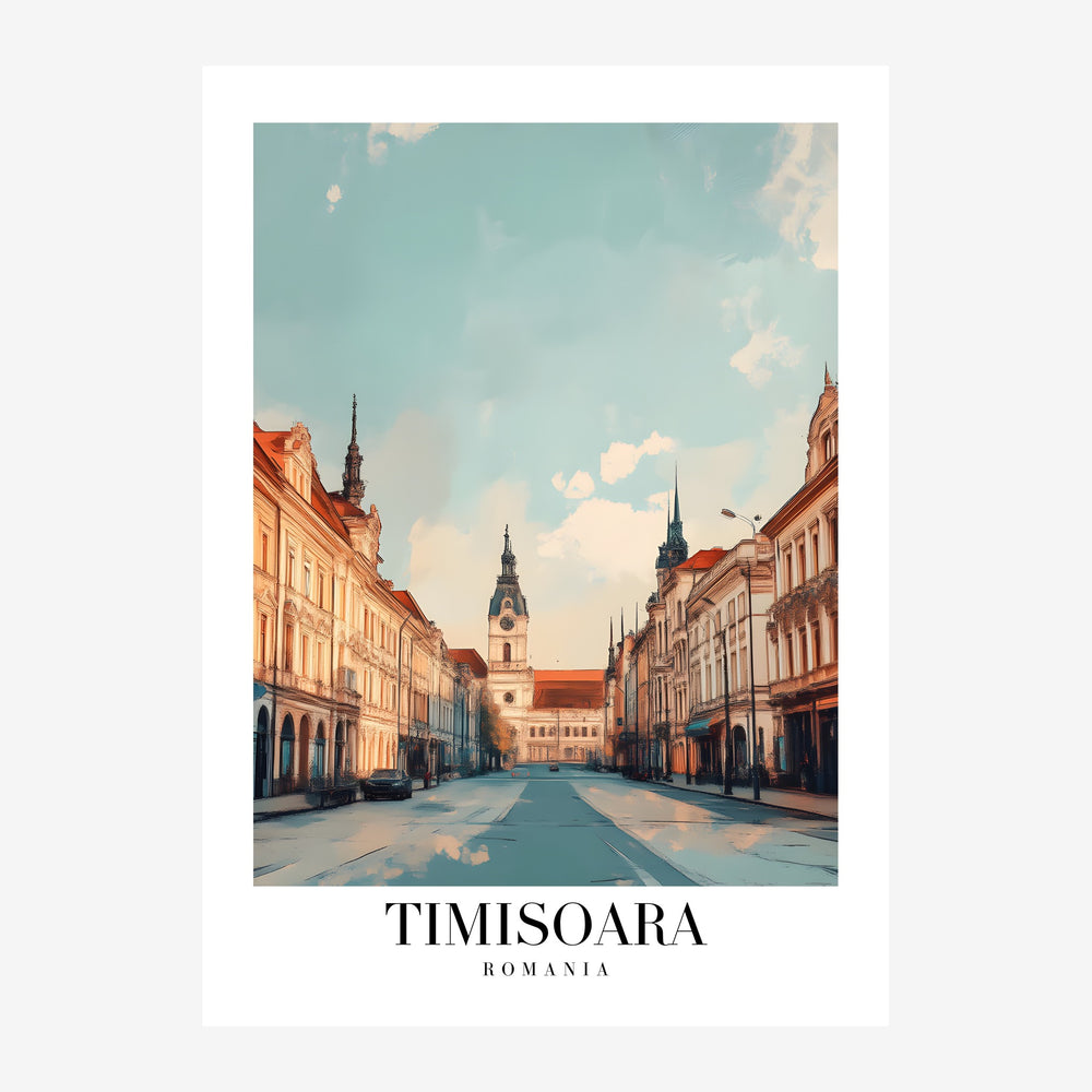 Affiche de voyage représentant une place publique entourée de bâtiments historiques aux façades terracotta, avec des.