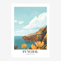 Affiche de voyage illustrant un village blanc sur une falaise rocheuse ocre surplombant une mer turquoise, avec des fleurs.