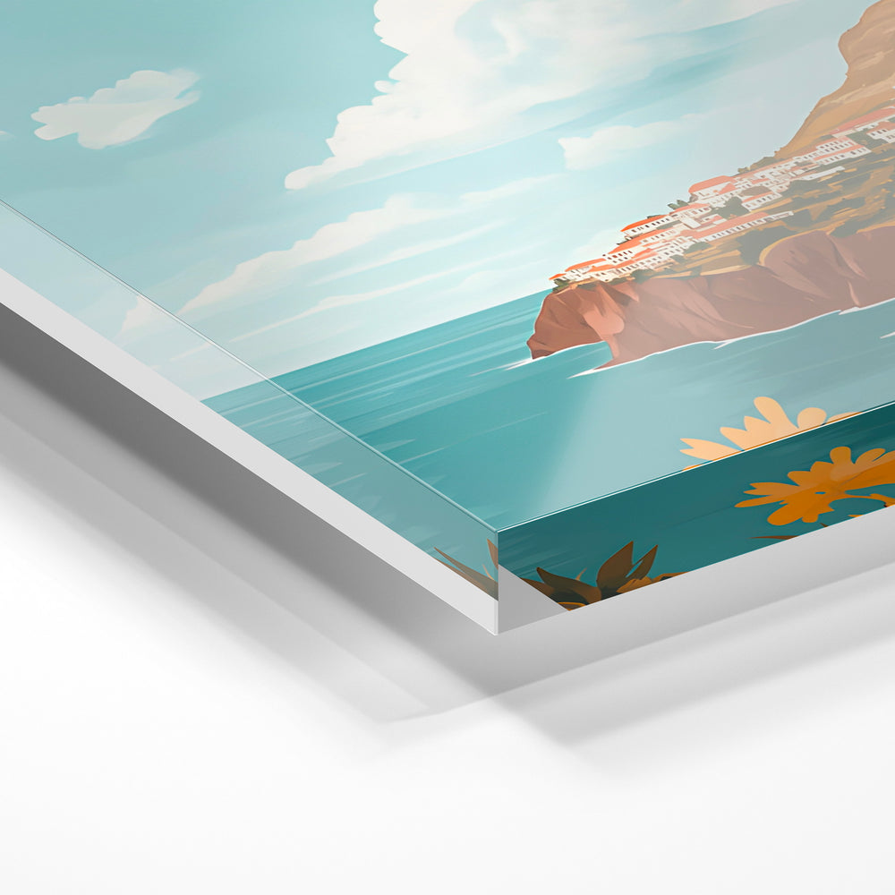 Gros plan de la matière : le tirage sous verre acrylique, tranche transparente visible.