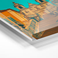 Gros plan de la matière : le tirage sous verre acrylique, tranche transparente visible.