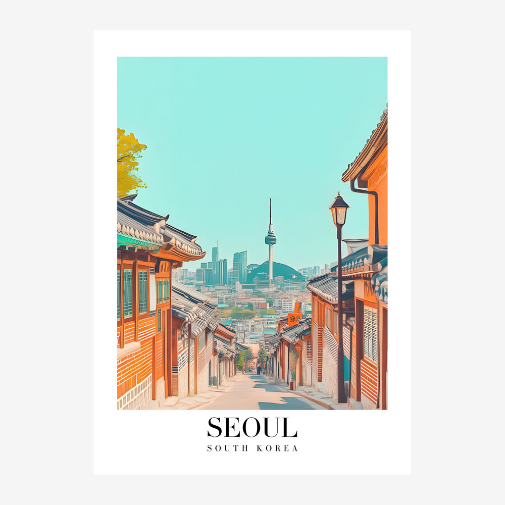 Affiche de voyage illustrant une rue pavée de Séoul bordée de maisons traditionnelles orangées menant vers une vue de la.