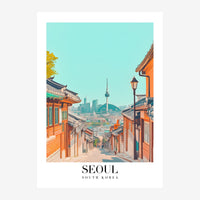 Affiche de voyage illustrant une rue pavée de Séoul bordée de maisons traditionnelles orangées menant vers une vue de la.