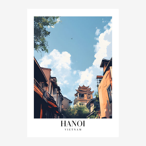 Hanoi, affiche de voyage bleu et terracotta — Toile sur châssis