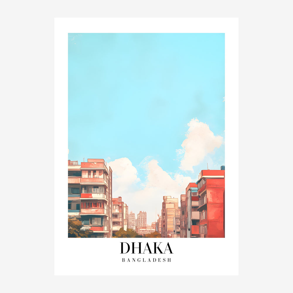 Affiche de voyage représentant les bâtiments terracotta d'une ville sous un ciel bleu turquoise avec des nuages blancs, avec.