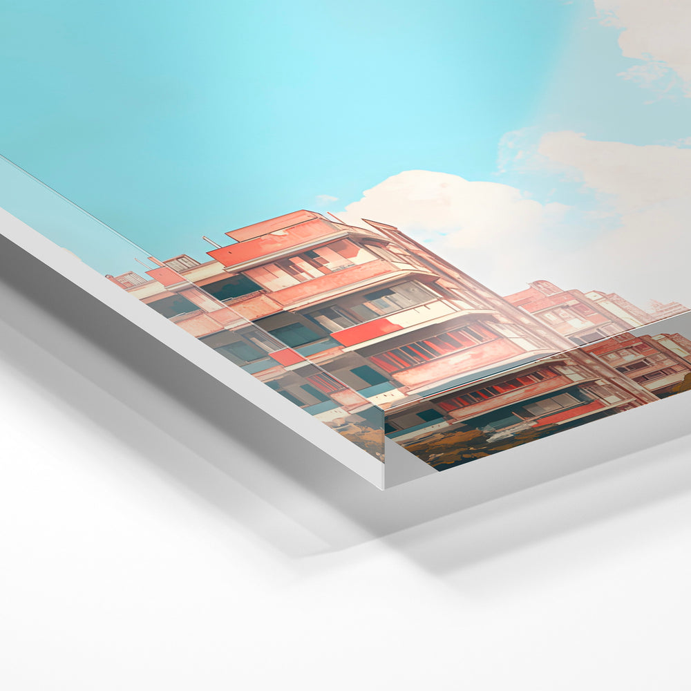 Gros plan de la matière : le tirage sous verre acrylique, tranche transparente visible.