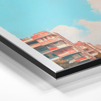 Gros plan de la matière : le tirage contrecollé sur aluminium Dibond mat, tranche visible.
