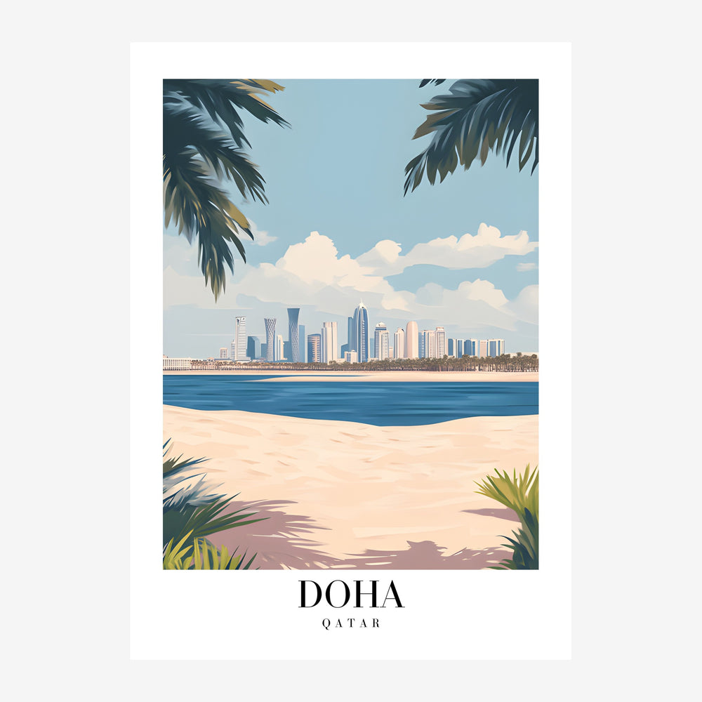 Affiche représentant la skyline de Doha avec ses buildings modernes au loin, une plage de sable en premier plan et des.