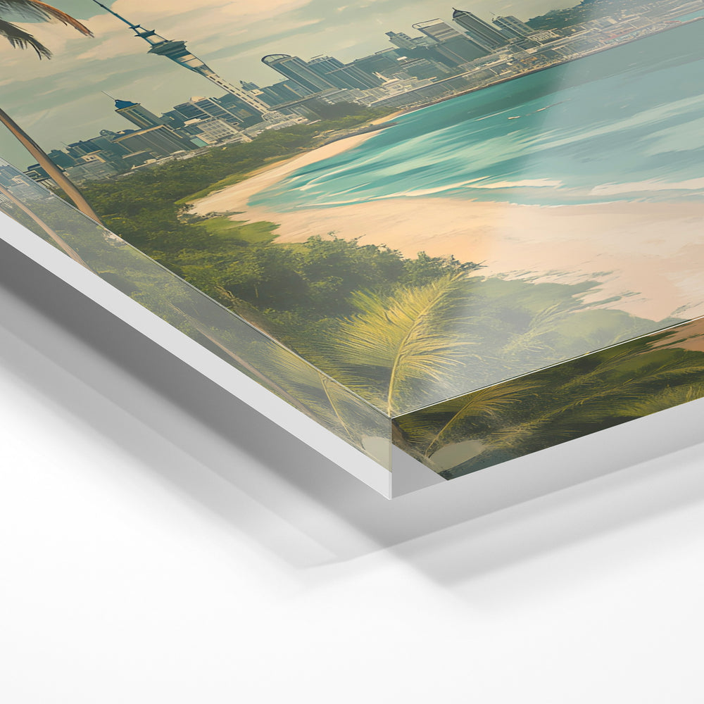 Gros plan de la matière : le tirage sous verre acrylique, tranche transparente visible.