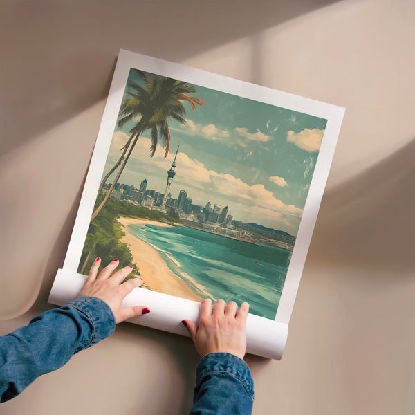 Auckland vintage, plage turquoise et skyline — Poster HP mat
