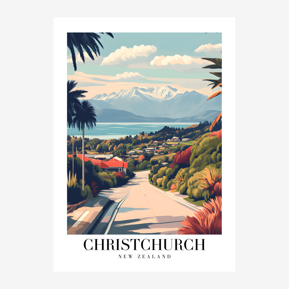 Affiche de voyage stylisée montrant une route de campagne avec palmiers, maisons aux toitures rouges, montagnes enneigées et.