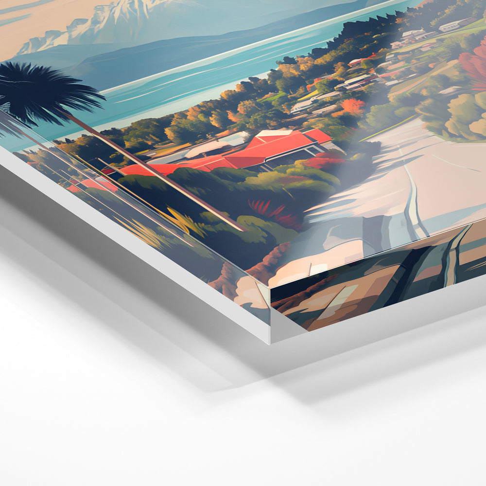 Gros plan de la matière : le tirage sous verre acrylique, tranche transparente visible.