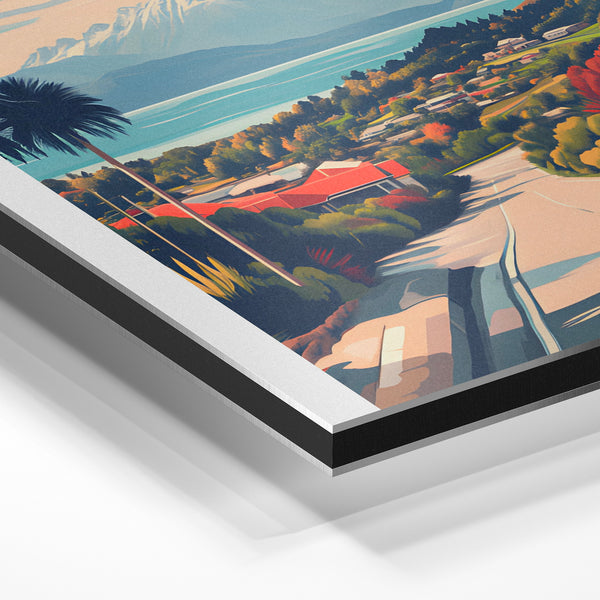 Affiche voyage Christchurch, vue vallée et montagne — Aluminium Dibond