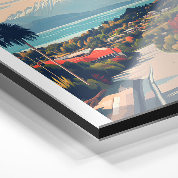 Affiche voyage Christchurch, vue vallée et montagne — Aluminium Dibond relief 3D
